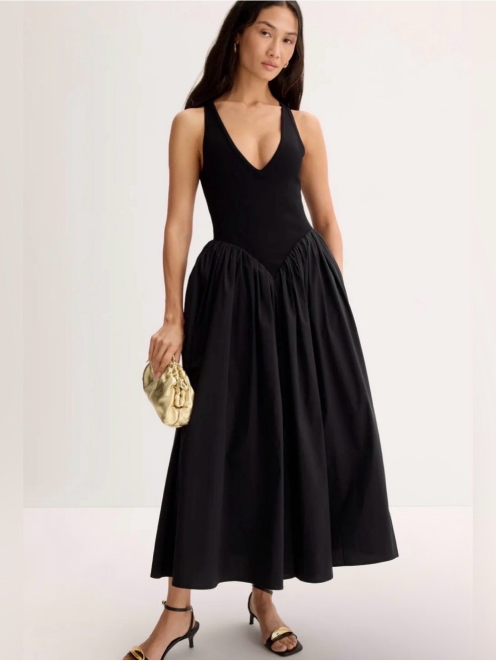Ronny Kobo Sirindra Sleeveless Knit Stretch Bodice Black V-Neck Maxi Dress